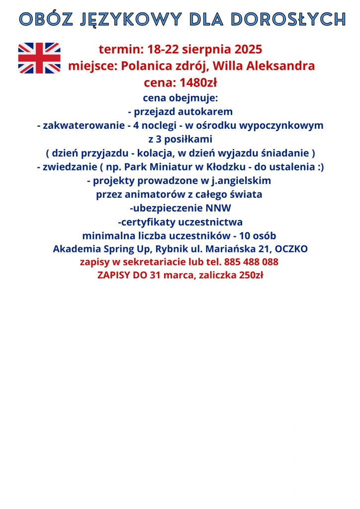 12 18 lipca 2025 dla dzieci i mlodziezy 10 18 lat projekty w osobnych grupach wiekowych koszt 2100zl oraz 300kc do Pragi cena obejmuje przejazd busem zakwaterowanie w osrodku wypoczynkowym
